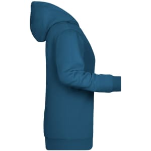 A teal ladies' hoodie features a kangaroo pocket and a hood, with long sleeves and ribbed cuffs. It includes a logo.