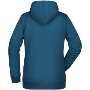 A teal ladies hoodie with a hood and long sleeves, featuring a simple design on the back.