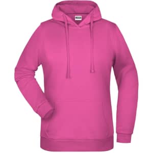 A pink ladies hoodie with a front pocket and drawstring hood. Includes a logo on the chest area.