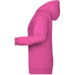 A pink ladies hoodie with a hood and front kangaroo pocket, featuring a logo on the front.