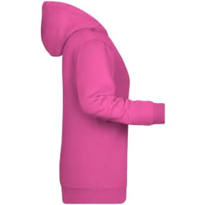 A pink ladies hoodie featuring a front pocket and a hood, with a logo on the chest.