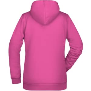 A pink ladies hoodie featuring a hood and long sleeves, with a simple design and a logo at the back.