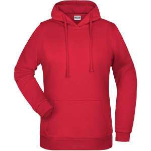 A red hoodie with long sleeves and a front pocket, featuring a drawstring hood and a logo.