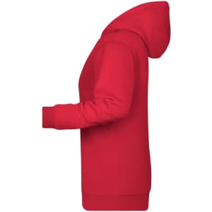 A red ladies hoodie featuring a kangaroo pocket and a hood, with a logo on the front.