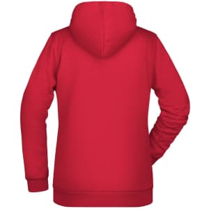 A red ladies hoodie with a hood and long sleeves, featuring a smooth back design and a fitted shape.