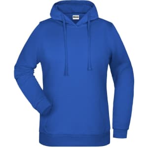 A blue ladies' hoodie featuring a front pocket and a drawstring hood, with a logo on the chest.