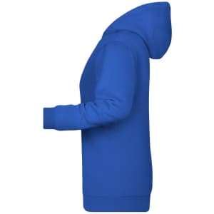 A blue ladies hoodie features a hood and long sleeves, showcasing a side profile view. It has a logo on it.