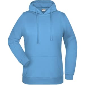 A blue ladies' hoodie with a front pouch pocket and a drawstring hood, featuring a logo.
