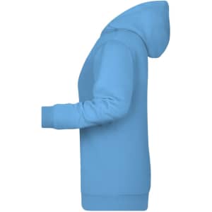 A light blue ladies hoodie with a kangaroo pocket and a hood, featuring a logo on the front.