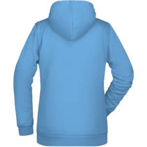 A blue hoodie with a kangaroo pocket and a hood, featuring a logo on the back.