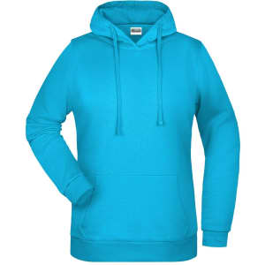 A turquoise hoodie with a front pocket and drawstring hood, featuring a branding logo.