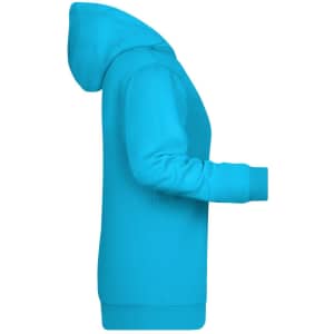 A turquoise ladies hoodie featuring a side view, with a hood and long sleeves. It has a logo on the front.