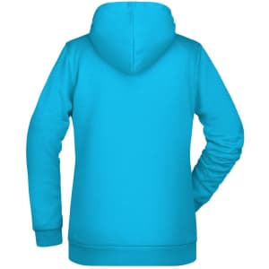 A turquoise ladies' hoodie featuring a front pocket and a hood, showcasing a simple design.