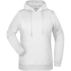 A white hoodie featuring a front pocket and drawstring hood. The hoodie has a branded label.