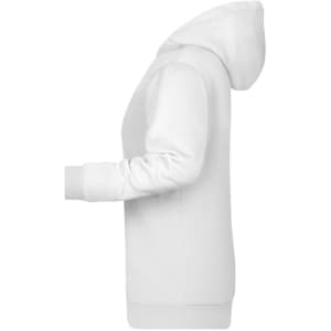 A ladies' hoodie in white, featuring a standard hoodie design with long sleeves and a front pocket. It has a logo.