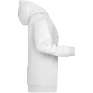 A white ladies hoodie with a kangaroo pocket and a hood, featuring long sleeves and ribbed cuffs.