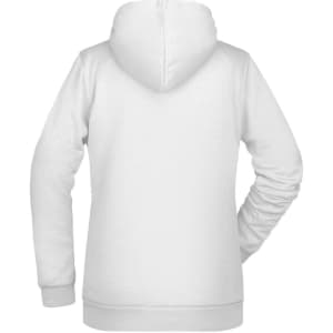 A white ladies' hoodie with a hood and long sleeves, featuring a logo on the back.
