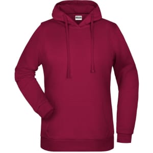 A maroon ladies hoodie featuring a front pocket and a drawstring hood, with a logo displayed on the chest.