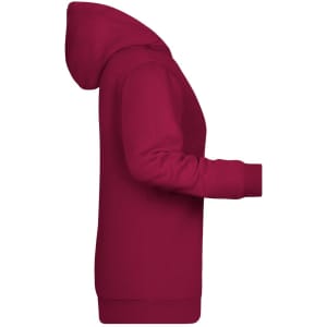 A maroon ladies hoodie featuring a hood, long sleeves, and a side profile view. Includes a logo.