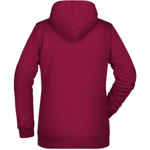 A maroon ladies hoodie featuring a hood and long sleeves, with a blank back design and a small logo.