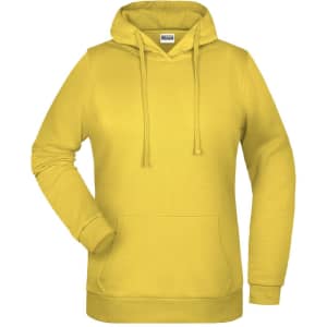 A yellow ladies' hoodie with a front pocket and drawstring hood, featuring a logo on the chest.