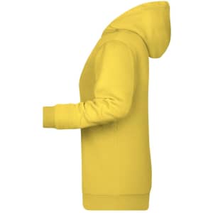 A yellow ladies hoodie featuring a hood and long sleeves, showcasing a side view. Includes a logo.