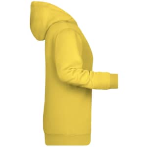 A yellow ladies' hoodie featuring a hood and long sleeves, with a side view showcasing its fit. It has a logo.