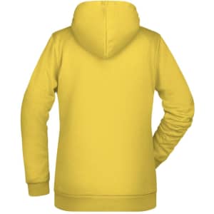 A yellow ladies' hoodie with a back view, featuring a hood and long sleeves. It has a logo on the back.