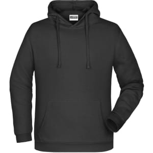 A men's hoodie in black with a kangaroo pocket and a drawstring hood, featuring a branding logo.