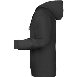 A black men's hoodie featuring a hood and front pockets, displayed from the side.