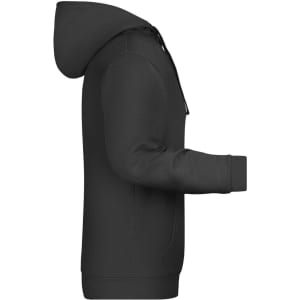 A black men's hoodie featuring a kangaroo pocket and a hood. Includes a logo on the fabric.