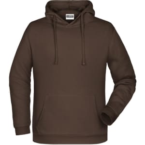 A brown men's hoodie with a front pocket and a hood. It features a logo on the label.