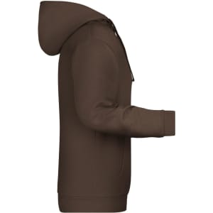 A brown men's hoodie with a kangaroo pocket and a hood, featuring a logo on the side.