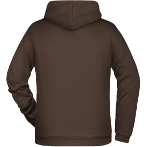 A brown men's hoodie featuring a hood and long sleeves, with a logo on the back.