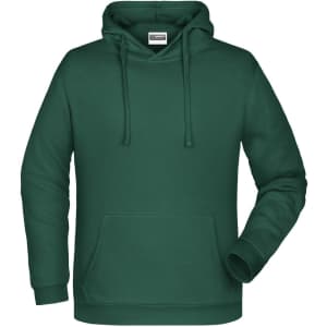 A men's hoodie in dark green featuring a front pocket and a drawstring hood. It has a logo on the chest.