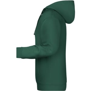 A green men's hoodie with a hood and front pocket, displayed in profile. It has a logo present.