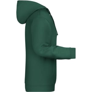 A green men's hoodie with a zip and a hood, featuring long sleeves and a fitted design. It has a logo on it.