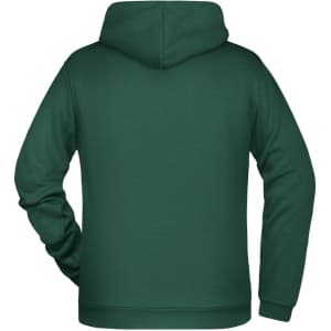 A green men's hoodie with a spacious hood and a relaxed fit, featuring a brand logo on the back.