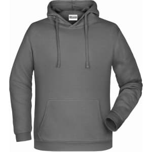A grey men's hoodie with a front pocket and a drawstring hood, featuring a branding logo.
