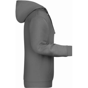 A grey men's hoodie featuring a front pocket and a drawstring hood, with a logo on it.