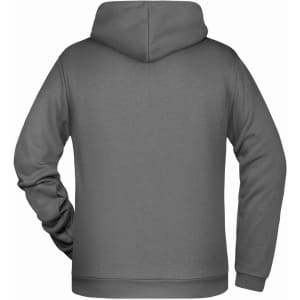 A grey men's hoodie with a full back and a drawstring hood. It features long sleeves and has a logo.