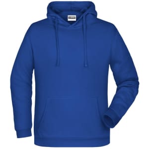A blue men's hoodie featuring a front pocket and a drawstring hood. It has a logo on it.