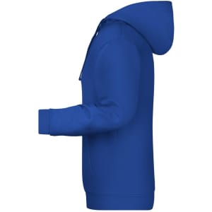 A blue men's hoodie with a kangaroo pocket and a hood, featuring a logo on the front.
