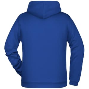 A blue men's hoodie with a hood, featuring long sleeves and a plain back design.