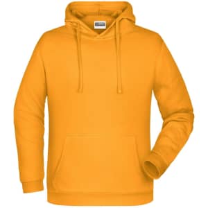 A yellow men's hoodie with a drawstring hood and a front pocket. It has a branding logo.