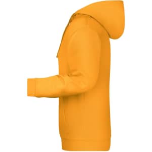 A side view of a men's hoodie in bright yellow, featuring a hood and a front pocket, with a logo present.