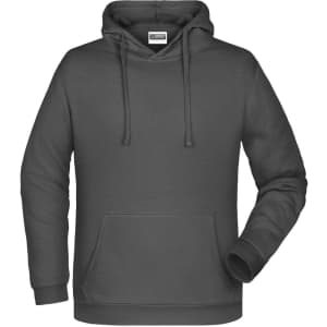 A grey men's hoodie featuring a front pocket and drawstrings. It has a logo on the side.