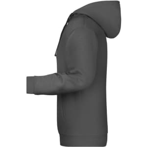 A grey men's hoodie featuring a kangaroo pocket and a hood, presented from the side with a logo.