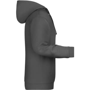 A grey men's hoodie featuring a front pocket and hood, with a logo on the upper left side.