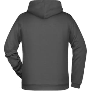 A men's promotional hoodie in dark grey, featuring a hood and long sleeves, with a branding logo.